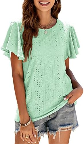 Женски маички модни обични цврста боја памучна постелнина вез со кратки ракави маица врвни летни врвови