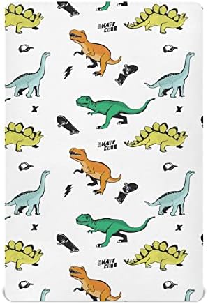Kicpoay опремени чаршафи за креветчиња Гроздобер шарени диносауруси се протегаат преносни листови за игра за бебиња, дише мек душек