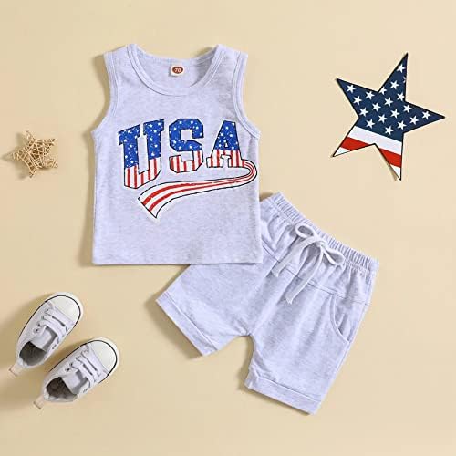 Lin & Babay новороденче бебе момче 4 -ти јули Облека во САД без ракави на врвови со цврсти бои шорцеви 2 парчиња облека за независност