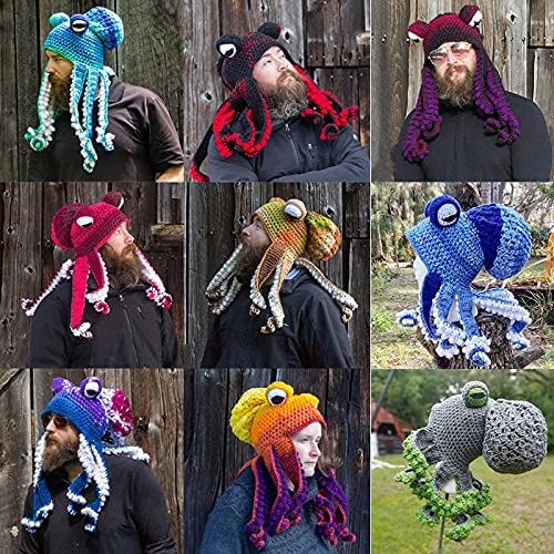 Капчиња Октопод плетена капа, плетење со рака со пипала волнена капа смешна модна зимска топлина додатоци, за жени и мажи црвена