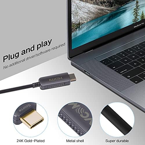 VCOM USB-C ДО HDMI Оптички Кабел За Домашно Кино, Поддршка 18GBPS 4K@60Hz HDR Thunderbolt 3/4, Тенок Флексибилен Кабел Компатибилен