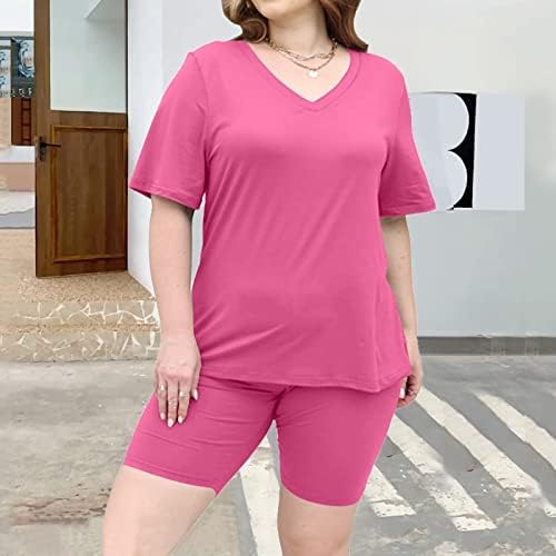 2 парчиња облеки за жени летни обични лабави салон поставува кратки ракави со маица V-вратот и шорцеви поставуваат удобни пижами комплети