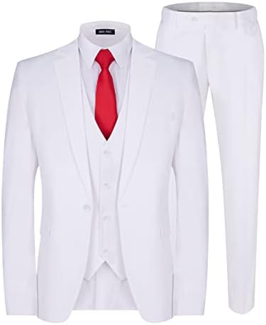Мејџ машки 3 парчиња костум Slim Fit Fit One Business Wedding Fider Side Fold Blazer Vest Pants поставени со вратоврска