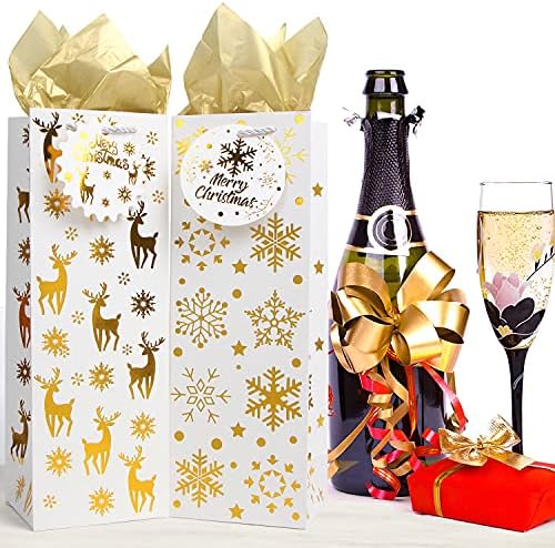 Стеффорд 12 пакуваат торби за подароци за Божиќ, чанти за шише со вино од злато со ткиво и ознаки за името, чанти за вино од хартија за Божиќ,