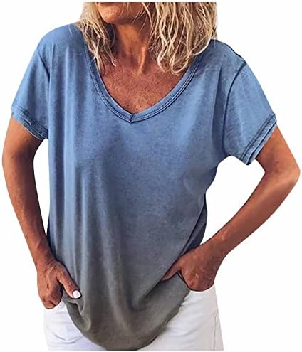 Женски плус големина врвови трендовски градиент v вратот со краток ракав маица летна лесна лабава кошула основни удобни блузи од туника