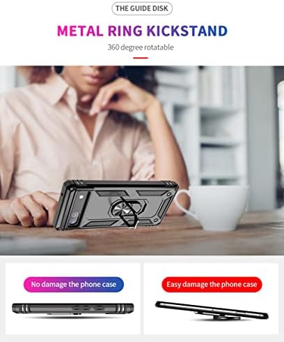 Androgate дизајниран за Google Pixel 6A Case со заштитник на HD екран, воен степен на метални прстенести држачи на метални прстенести