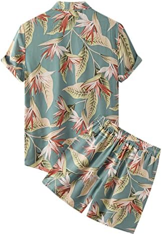 2023 година Нов машки Хаваи Лисја од лисја од два парчиња со кратки ракави, спуштете ја кошулата од џеб шорцеви за џебни масти