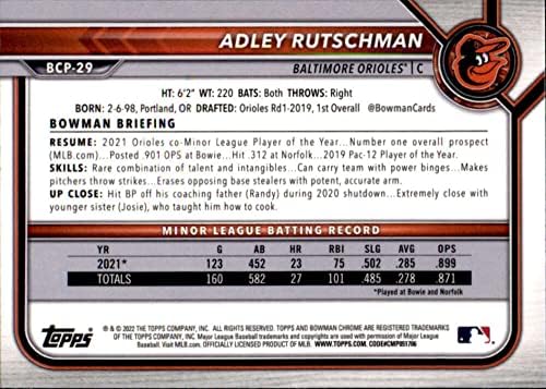 2022 Bowman Chrome изгледи BCP-29 Adley Rutschman Baltimore Orioles MLB Baseball Trading Card