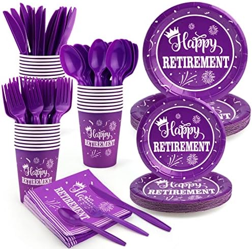 Декорации за пензионирање на забави, 168 п.п. Виолетова среќни пензионерски плочи и салфетки за жени пензионирани партиски садови чаши чаши салфетки