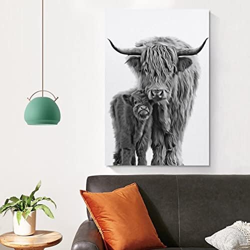 Животински висорамнини добиток и теле црно -бело модерен постер слика на уметнички слики на платно за домашна просторија канцеларија wallидна