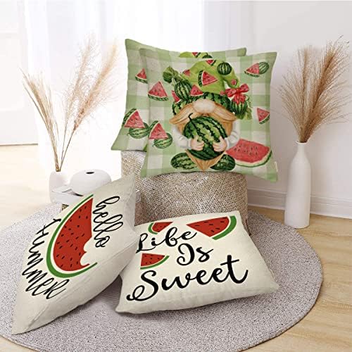 Фахрендом здраво лето лубеница гном декоративно фрлање перници покрива 16 × 16 сет од 4, животот е слатка тавало карирана перници декорација,