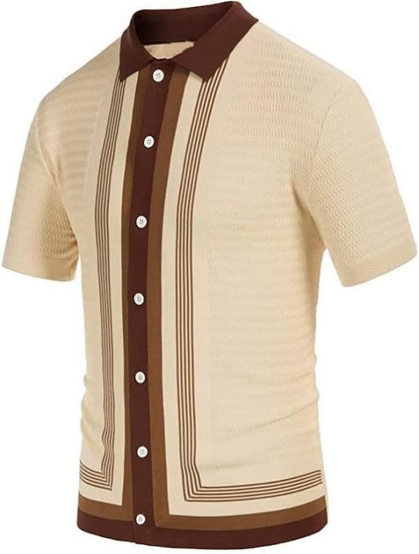 Cetihw Mens Polo кошули гроздобер лента со шарени кошула со кратки ракави, лесни кошули за голф за плетење