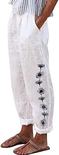 Женски Панталони За Работа Печатење Памучни Прави Панталони Долги Лабави Со Џебови Половината Панталони Жени Обични Високи