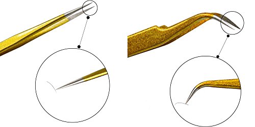 Yueton 2pcs златна боја обложена не'рѓосувачки челик директно и заоблена глава пинцети со кожен случај за продолжување на трепките