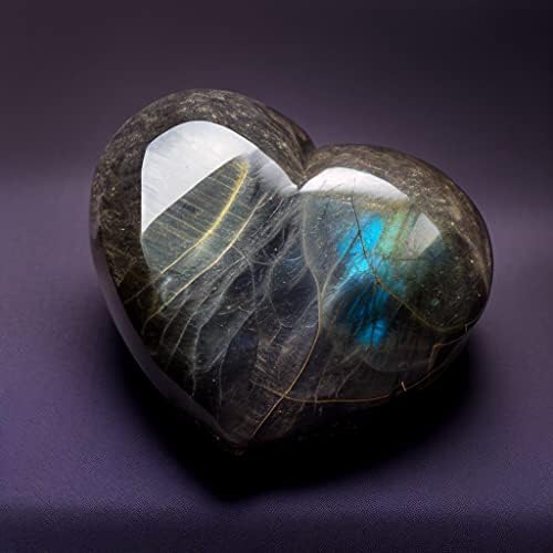 Сигмнтун полиран лабрадорит камен срце од Мадагаскар, 1,5-2 инчи - А+ одделение сино блиц за декорација, заздравување и подарок