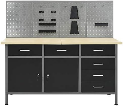 Tidyard Workbench со 4 wallидни панели, 6 фиоки за складирање и 2 врати кабинет таблети таблети за работа на челични алатки за складирање