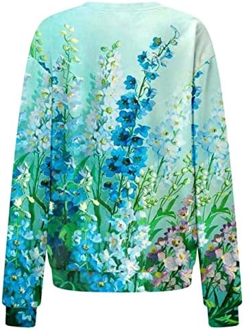 Џемпер на kcjgikpok за жени мода цветни печатени екипи блузи случајни лабави долги ракави на врвови на врвови за пулвер