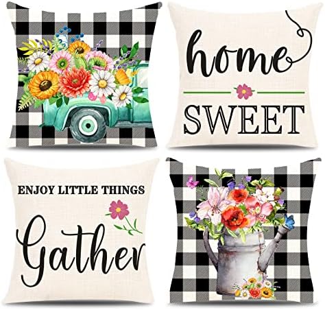 Cultup Spring Pillow Covers 18x18 - Перници за фарма ги опфаќа пролетниот декор цвет цветниот камион пролетни украси за дома Бафало