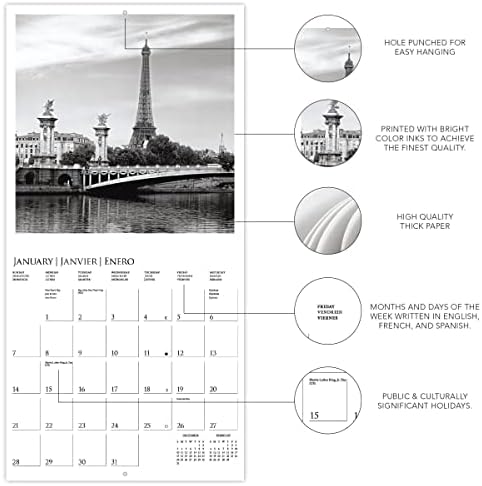 Графика 2024 Париз Ѕид Календар | 12 х 12 | Дебела Хартија | Насловна &засилувач; Канцеларија Организатор | Голема Месечна Мрежа | 3 Јазици &засилувач;