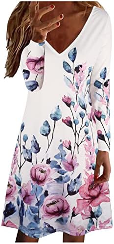 Есенски фустани за жени 2023 година со долг ракав против вратот маица фустан цветна принт трендовски случајна удобна мека мини фустан