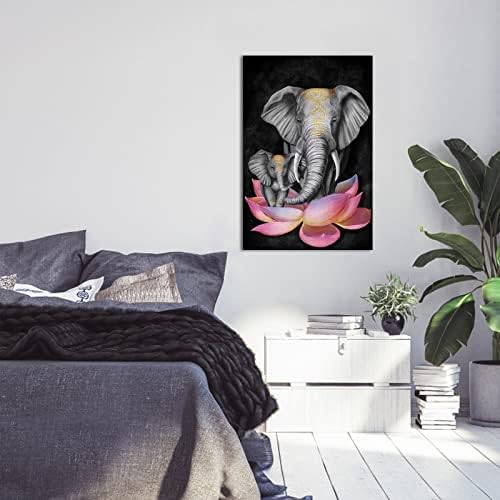 Племенски слон на Lyerartork Mom and Baby на розово лотос цветно платно wallидно уметност современо диво животно на црно декор