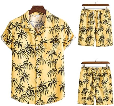 Hnkdd 2 парче одморалиште костум за машки хавајски кошула костум со краток ракав печатено лежерно копче надолу со кошула од шорцеви