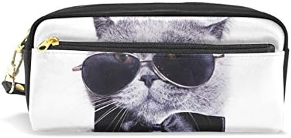 Алаза симпатична молив случај британски Shorthair Grey Cat Pens Case Организатор ПУ кожа Комистичка торба за шминка со шминка, подготовка