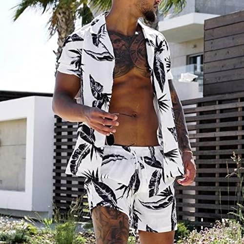 Печатено летни шорцеви и кратки панталони за плажа, ракави за ракави со 2 парчиња кошули со кошули мажи костуми и поставуваат големи