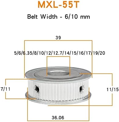 AXWERB Professional 2PCS MXL-55T тркала од макара, големина на измет 5/6/6/6.35/8/10/12/12.7/14/11/16/11/19/20 mm за ширина 6/10mm MXL ремен