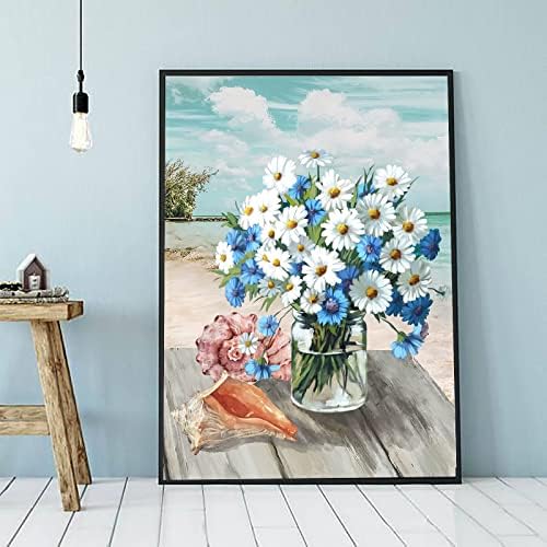 Слика на океанска плажа слика маргаритка во вазна слика печатена слика бања wallидна уметност сина бела маргаритка сликарство уметнички