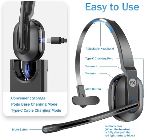 Безжични слушалки FXWonty, Bluetooth слушалки со микрофон за откажување на бучава од АИ, микрофон и база за полнење, 50 часа Bluetooth 5.0 Слушалки