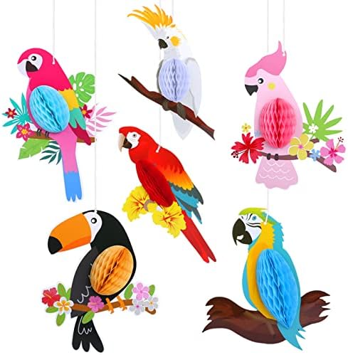 Кесото 6 парчиња Хавајски тропски папагал птица саќе виси украси за забава, летни тики бар забава декор, украси за дождовни шуми градинарски