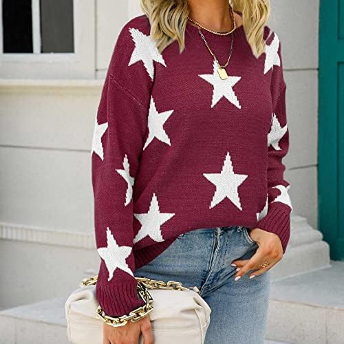 Плус џемпер со големина за жени, џемпер на вратот на екипажот, џемпер со долги ракави плетени кошули starsвезди графички џемпери случајни