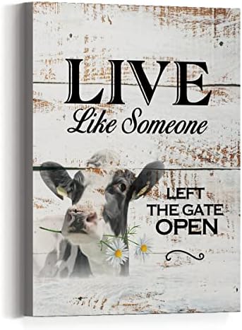 Земја фарма куќа wallидна уметност платно- смешна крава во живо како некој да ја остави портата отворено ретро стил платно отпечатоци