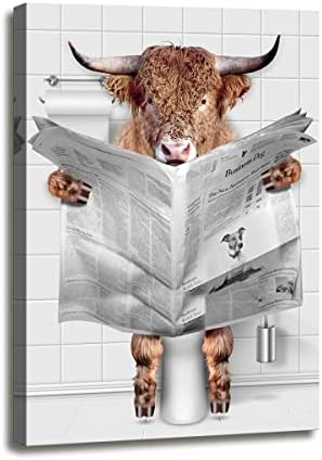 Shzcjl Смешна висорамнинска крава artидна уметност на тоалет, крава во бања слика, хумор животно бања wallидна уметност платно печатење, рустикален