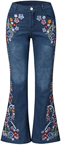 Женски тексас одблесоци панталони копче Бел везови со средно издигнување на фармерки, депонизирани панталони, дното на фармерки