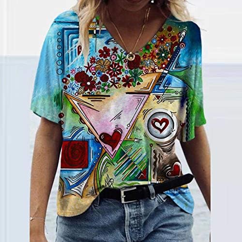 Маица за жени летни маички обични елегантни цветни печатени кратки ракави со врвови со врата од врата од врата од лабава кошула Основна блуза за