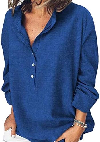 Andongnywell женски блуза блуза врвови лабава кошули со цврста боја на вратот со долга кошула со долги ракави