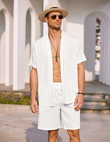 Coofandy Men поставува облеки 2 парчиња отворен предниот дел од кимоно кардиган краток ракав и шорцеви лесен одмор на плажа од кимоно