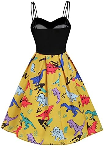 Рузиог фустан за жени шпагети ленти без ракави диносаурус печатејќи симпатични ками фустани А-линија замав со висока половината мини