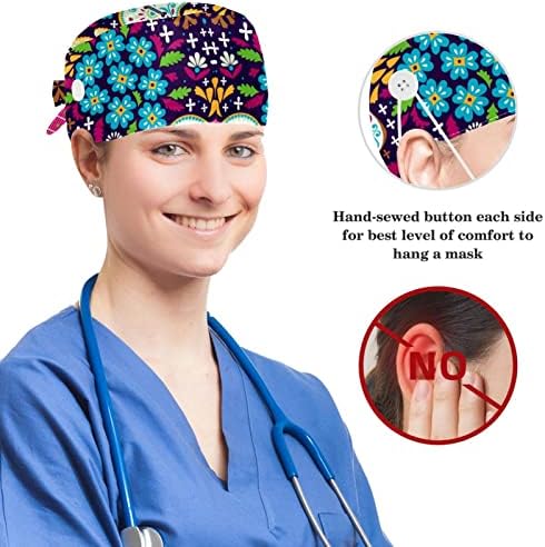 Yoyoamoy Floral Check Women Working Caps со копчиња и џемпери, прилагодливо хируршко капаче