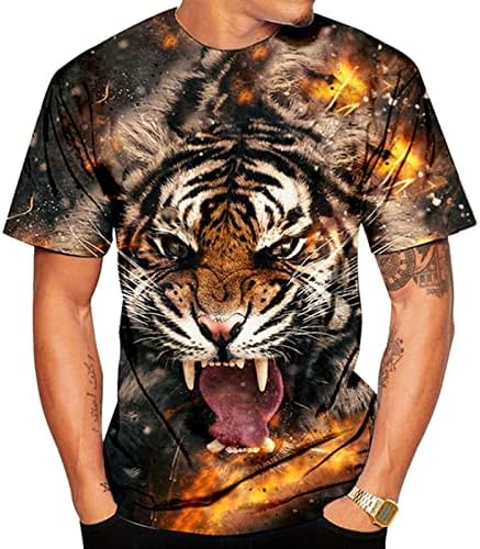 Ubst летни маици со краток ракав за мажи, улица 3D тигар печати екипаж маица тенок вклопуваат модни обични врвови на врвови