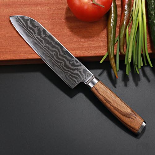 Копчиња Сантоку нож - Јапонски VG10 Damascus 67 -слоеви челик - дрвена рачка - 7 Сребрена сива боја