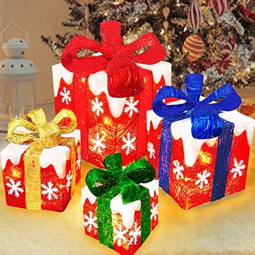 [Супер голем 12 -10 -8 -7] 4 Пакувани осветлени кутии за подароци Божиќни украси 70 LED приклучок во осветлување на сегашната кутија со снегулки