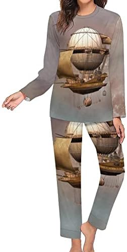 Гроздобер Стемпанк Воздушен Брод Женските Пижами Поставија Дводелен Врв Со Долги Ракави И Облека За Спиење Со Панталони