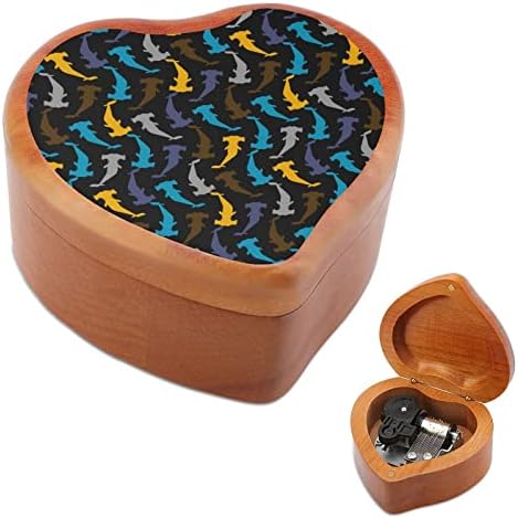 Hammerhead ајкула шема на срцеви музички кутии Дрвени музички кутии Најдобар подарок за годишнината Божиќ роденден