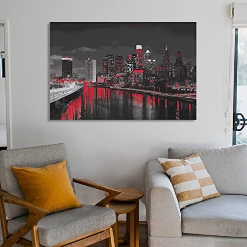 Филаделфија wallидна уметност црно -бело црвено американско градско небо во ноќна слика - 副 本 本 Canvas art art wallидна уметност
