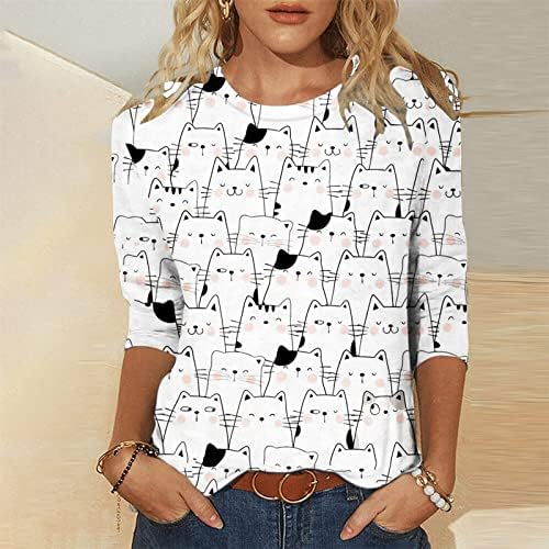 Единствени графички маички летни жени екипаж вратот Симпатична мачка печатена маички врвни обични меки удобни туники