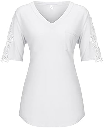 Womenените врвови на чипка за распрснување v вратот џеб маица кратки ракави летни маички врвови обични лабави маици маици кошули