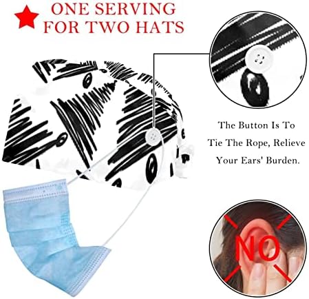 2 пакувања прилагодливо работно капаче со копчиња за повлекување на копчиња за медицински сестри жени со коњчиња на рака нацртана шема